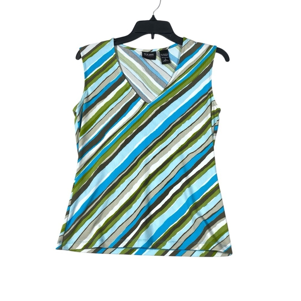 New York & Company Tank Top Women's S Green Striped V Neck Stretch Pullover